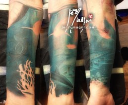 First sitting Full color tattoo sleeve, Poseidon, Hydra, sharks, under the sea, sea storm, blue color, ancient gods, mythology. Original tattoo by Jerry Magni Tattoo Artist, Milano, Bergamo, Lugano, Italy