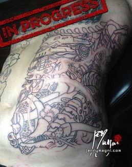 Twentyfourth sitting Biomech and oriental tattoo jacket, metal parts, cherry flowers and waves all over the sleeves, back and torso. Jerry Magni Tattoo Artist Bergamo, Milan, Italy