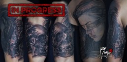 Second sitting Black and grey full sleeve tattoo. On the shoulder a beautiful portrait of a blindfolded girl, a red tear on her face, inside the arm a skull with a clock nestled in the cranium. On the forearm mister Heisenberg, from the tv series Breaking Bad, is working with tubes full of red liquid. Inside the forearm a mister hide with bloodshot eyes is roaming in ancient London alleys. Immaculately done by the best artist Jerry Magni, Italy, Milan, Bergamo, Lugano.