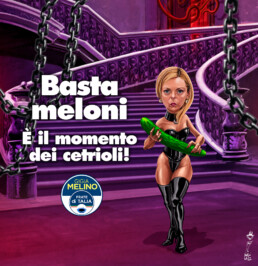 Caricatura di della Meloni in stile BDSM con un cetriolo in mano. Il testo dell'immagine è: Basta meloni, è il momento dei cetrioli.