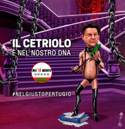 Caricatura di conte in stile BDSM di Conte con un cetriolo in mano. Il testo dice: Il Cetriolo è nel nostro DNA #nelgiustopertugio. Magistralmente disegnato dall'artista Jerry Magni