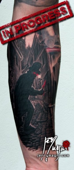 Fourth sitting Black and grey full sleeve tattoo. On the shoulder a beautiful portrait of a blindfolded girl, a red tear on her face, inside the arm a skull with a clock nestled in the cranium. On the forearm mister Heisenberg, from the tv series Breaking Bad, is working with tubes full of red liquid. Inside the forearm a mister hide with bloodshot eyes is roaming in ancient London alleys. Immaculately done by the best artist Jerry Magni, Italy, Milan, Bergamo, Lugano.