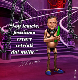 Caricatura del Presidente del consiglio uscente in stile BDSM con un cetriolo in mano. Il testo dice: 