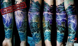 Fifth Sitting Full colour tattoo, mythology, Zeus, Olimpus, thunderstorm, space, universe, sea storm, light, anger. Jerry Magni Tattoo Artist. Italy, Milan, Bergamo, best artist