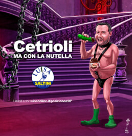 Caricatura di salvini in stile BDSM con calzini verdi, mentre sta per mangiare un cetriolo con della nutella sopra, nell'altra mano tiene un barattolo di nutella. il testo dell'immagine dice: 