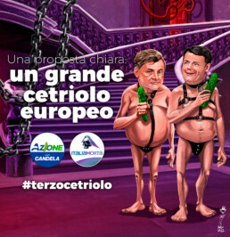 Caricatura in stile BDSM di Calenda e Renzi con un cetriolo in mano. Il testo dell'immagine dice: 