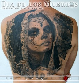 Black and grey Back piece tattoo. Portrait of a beautiful girl with the typical make up from the Mexican day of the dead, on her head a black lace veil, behind her a couple of roses, everything surrounded by filigree. Outstanding piece of art, masterfully done by by the best tattoo artist Jerry Magni, Bergamo, Milan, Lugano, Italy.