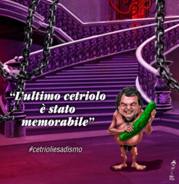 Caricatura del ministro Renato Brunetta in stile BDSM che ride con un enorme cetriolo tra le mani. Il testo dice: 