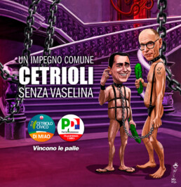 caricature in stile BDSM di Letta e Di Maio, entrambi con un cetriolo in mano, Letta nell'altra mano tiene Di maio al guinzaglio con una catena. Il testo dell'immagine dice: 