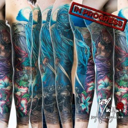 Undicesima seduta Tatuaggio a colori, manica intera, tuareg, beduino, odalisca, teschio , rosa del desterto, tenda, vassoio, teiera, bicchieri, scorpione, spada, notte, blu, unico e originale, disegnato appositamente per il cliente da Jerry Magni, miglior tatuatore a Bergamo, Milano, Brescia, e provincia, Lecco, Como, Lugano