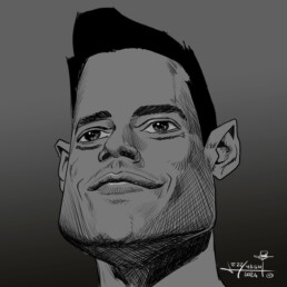 Rami Malek digital caricature by Jerry Magni