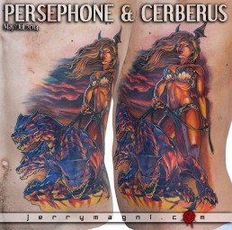 Color tattoo on ribs, Persephone with Cerberus in the Ade, with the light of the hell, they are on a rock and she’s sexy and peep Cerberus at leash. Greek roman mythology. Unique, original. Jerry Magni tattoo artist Bergamo, Milan, Italy
