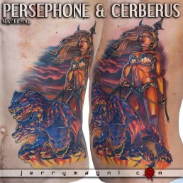Color tattoo on ribs, Persephone with Cerberus in the Ade, with the light of the hell, they are on a rock and she’s sexy and peep Cerberus at leash. Greek roman mythology. Unique, original. Jerry Magni tattoo artist Bergamo, Milan, Italy