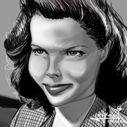Katharine Hepburn digital caricature by Jerry Magni