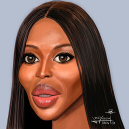 Naomi Campbell digital caricature by Jerry Magni