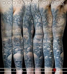 Black and grey full sleeve tattoo. A graveyard covered with skull from which rises a majestic olive tree. in the foreground there are a few tombstone. the artwork is completed by clouds at the horizon, above them a full moon on which there are clock arms pointing five minutes to midnight. Outstanding piece of art, masterfully done by by the best tattoo artist Jerry Magni, Bergamo, Milan, Lugano, Italy.