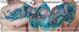 Tatuaggio realistico di piovra su petto, spalla e schiena, la testa del polipo sulla spalla mentre i tentacoli si sviluppano su petto e schiena. Realizzato a mano libera da Jerry Magni, miglior tatuatore, Bergamo, Milano, Lugano, Brescia, Como, Lecco.