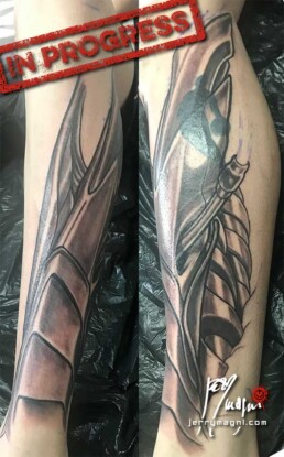 1st sitting of a coloured biomech tattoo leg sleeve