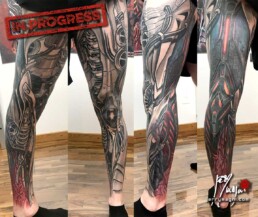 10th sitting of a coloured biomech tattoo leg sleeve