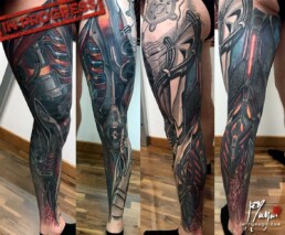12th sitting of a coloured biomech tattoo leg sleeve