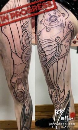 2nd sitting of a coloured biomech tattoo leg sleeve