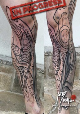 3rd sitting of a coloured biomech tattoo leg sleeve