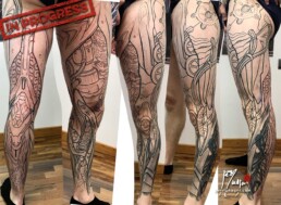 4th sitting of a coloured biomech tattoo leg sleeve