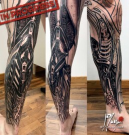 5th sitting of a coloured biomech tattoo leg sleeve
