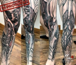 6th sitting of a coloured biomech tattoo leg sleeve
