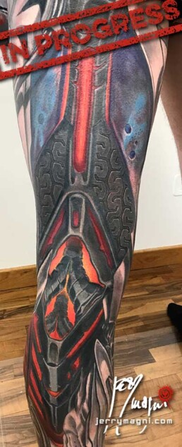 9th sitting of a coloured biomech tattoo leg sleeve