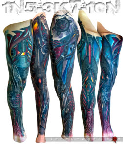 color biomech tattoo leg sleeve. Amazing project, masterfully done by Jerry Magni, one of the best biomech tattoo artist in the world