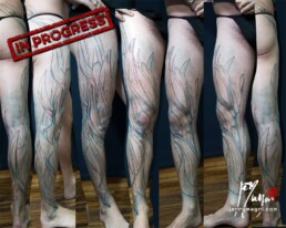 first sitting Full color biomech leg sleeve tattoo. Blue metallic surfaces with warm lights inside. Masterfully done by Jerry Magni Tattoo artist, one of the best Italian tattoo artist; Milano, Bergamo, Lugano, Italy Lombardy.