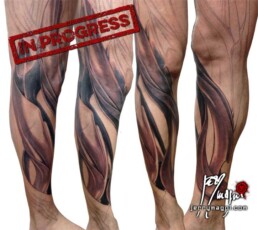 second sitting Full color biomech leg sleeve tattoo. Blue metallic surfaces with warm lights inside. Masterfully done by Jerry Magni Tattoo artist, one of the best Italian tattoo artist; Milano, Bergamo, Lugano, Italy Lombardy.