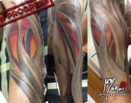 fifth sitting Full color biomech leg sleeve tattoo. Blue metallic surfaces with warm lights inside. Masterfully done by Jerry Magni Tattoo artist, one of the best Italian tattoo artist; Milano, Bergamo, Lugano, Italy Lombardy.