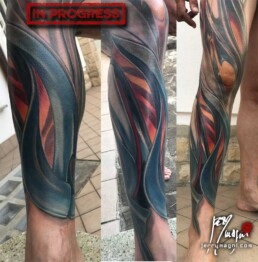 tenth session Full color biomech leg sleeve tattoo. Blue metallic surfaces with warm lights inside. Masterfully done by Jerry Magni Tattoo artist, one of the best Italian tattoo artist; Milano, Bergamo, Lugano, Italy Lombardy.