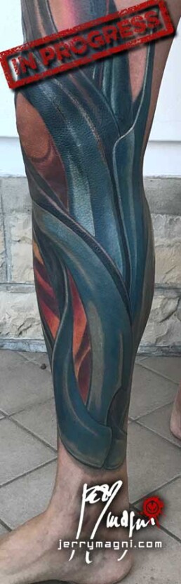 eleventh sitting Full color biomech leg sleeve tattoo. Blue metallic surfaces with warm lights inside. Masterfully done by Jerry Magni Tattoo artist, one of the best Italian tattoo artist; Milano, Bergamo, Lugano, Italy Lombardy.