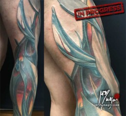 twelveth sitting Full color biomech leg sleeve tattoo. Blue metallic surfaces with warm lights inside. Masterfully done by Jerry Magni Tattoo artist, one of the best Italian tattoo artist; Milano, Bergamo, Lugano, Italy Lombardy.