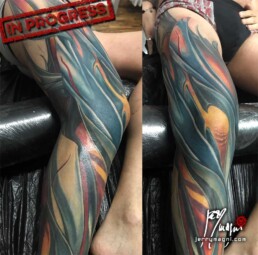 thirteenth sitting Full color biomech leg sleeve tattoo. Blue metallic surfaces with warm lights inside. Masterfully done by Jerry Magni Tattoo artist, one of the best Italian tattoo artist; Milano, Bergamo, Lugano, Italy Lombardy.