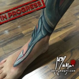 fifteenth sitting Full color biomech leg sleeve tattoo. Blue metallic surfaces with warm lights inside. Masterfully done by Jerry Magni Tattoo artist, one of the best Italian tattoo artist; Milano, Bergamo, Lugano, Italy Lombardy.