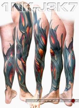 Full color biomech leg sleeve tattoo. Blue metallic surfaces with warm lights inside. Masterfully done by Jerry Magni Tattoo artist, one of the best Italian tattoo artist; Milano, Bergamo, Lugano, Italy Lombardy.