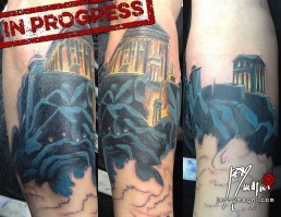 First Sitting Full colour tattoo, mythology, Zeus, Olimpus, thunderstorm, space, universe, sea storm, light, anger. Jerry Magni Tattoo Artist. Italy, Milan, Bergamo, best artist