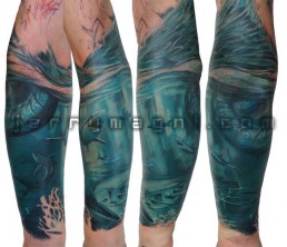 Second sitting Full color tattoo sleeve, Poseidon, Hydra, sharks, under the sea, sea storm, blue color, ancient gods, mythology. Original tattoo by Jerry Magni Tattoo Artist, Milano, Bergamo, Lugano, Italy