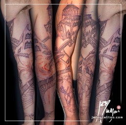 First sitting full sleeve color architectural tattoo inspired to the homonym M. C. Escher artwork. Venetian environment, with a typical Jerry Magni cat. Tattoo Artist, Bergamo, Italy, Milano, Brescia, migliore, Crema, Lombardia, provincia, Lecco, Como, Lugano,