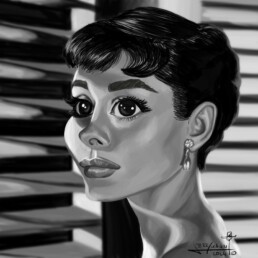 Audrey Hepburn digital caricature by Jerry Magni
