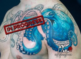Second sitting Freehand tattoo on chest and shoulder with blue octopus done by Jerry Magni best Italian tattoo artist; Bergamo, Milano, Monza