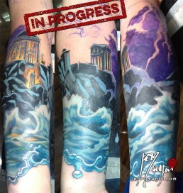 Second Sitting Full colour tattoo, mythology, Zeus, Olimpus, thunderstorm, space, universe, sea storm, light, anger. Jerry Magni Tattoo Artist. Italy, Milan, Bergamo, best artist