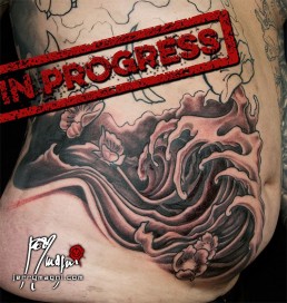 Twentyfifth sitting Biomech and oriental tattoo jacket, metal parts, cherry flowers and waves all over the sleeves, back and torso. Jerry Magni Tattoo Artist Bergamo, Milan, Italy