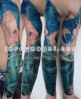 Third sitting Full color tattoo sleeve, Poseidon, Hydra, sharks, under the sea, sea storm, blue color, ancient gods, mythology. Original tattoo by Jerry Magni Tattoo Artist, Milano, Bergamo, Lugano, Italy