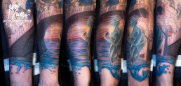 Fourth sitting full sleeve color architectural tattoo inspired to the homonym M. C. Escher artwork. Venetian environment, with a typical Jerry Magni cat. Tattoo Artist, Bergamo, Italy, Milano, Brescia, migliore, Crema, Lombardia, provincia, Lecco, Como, Lugano,