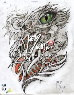 sketch for Tatuaggio biomeccanico bio organico a tutta manica e parte del collo in bianco e nero con interno colorato di arancione, rosso e viola. Forme astratte con squame e punte all’interno delle quali trovano spazio un occhio umano azzurro e un occhio di coccodrillo. Il tatuaggio include una copertura. Realizzato da Jerry Magni, miglior tatuatore, Bergamo, Milano, Brescia, Piacenza, Lecco, Como, Italia, Lombardia, provincia, Lugano.